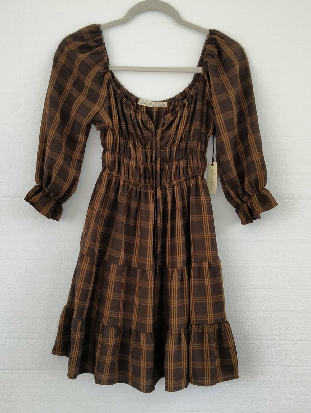 NWT Liberty Love Plaid Brown Tiered Smocked Midi Dress